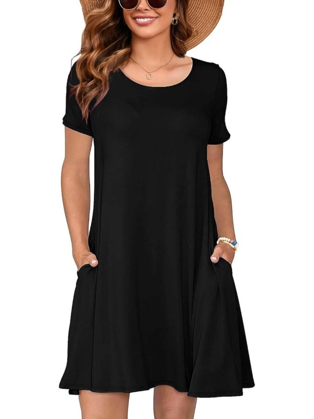 Women's Black Dresses Summer Short Sleeve Crewneck Swing Dress Casual T-Shirt